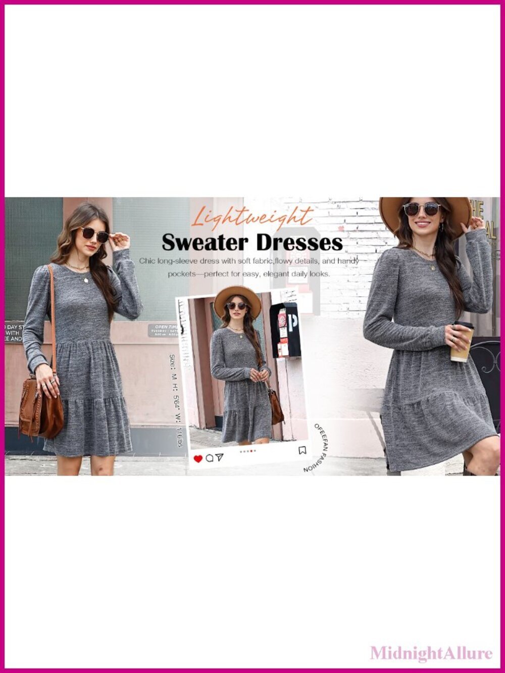 Long Sleeve Crew Neck Babydoll Dress with Pockets Tiered Skirt - Picture 6 of 6